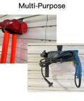 4 Inch Slatwall Hooks Set Heavy Duty Garage Storage Black With Anti Skid Rubber Coating Compatible With Proslat Crownwall StoreWALL HandiWall Garage King Hello Garage Slatwall Systems 10 Pack holding a hammer and drill
