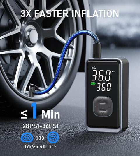 Cordless Portable Tire Inflator Mini Air Pump With Digital Pressure 150 PSI inflating car tire with screen display