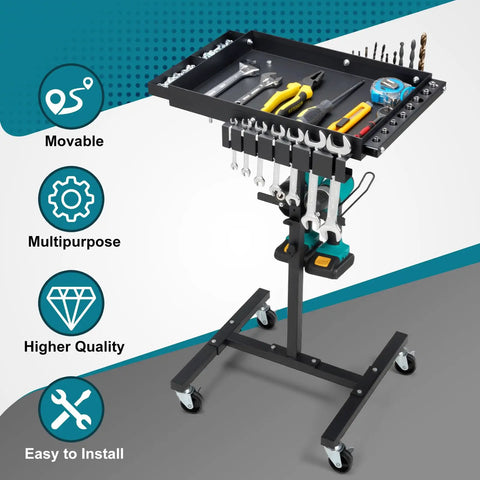 Rolling Work Table With Adjustable Height, Mobile Tool Cart For Drills And Bits Storage, Portable Mechanic Cart On Wheels