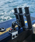 3 Pole Fishing Rod Holder With Aluminum 90 Degree Track Bracket Base, 360 Degree Rotating Deck Or Side Mount For Versatrack And Ranger Track Systems, Heavy Duty Boat Track Bracket on boat rail