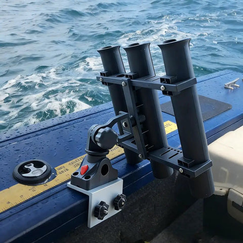 3 Pole Fishing Rod Holder With Aluminum 90 Degree Track Bracket Base, 360 Degree Rotating Deck Or Side Mount For Versatrack And Ranger Track Systems, Heavy Duty Boat Track Bracket on boat rail
