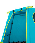 Close-up of blue weather-resistant canopy on Backyard Jungle Gym Climbing Set With Adjustable Steel Frame Weather Resistant Canopy And Platform Outdoor Playset For Kids Ages 3 To 12 Expands From 22 To 47 Inches Built To Hold Up To 220 Lbs.