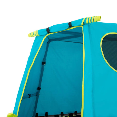 Close-up of blue weather-resistant canopy on Backyard Jungle Gym Climbing Set With Adjustable Steel Frame Weather Resistant Canopy And Platform Outdoor Playset For Kids Ages 3 To 12 Expands From 22 To 47 Inches Built To Hold Up To 220 Lbs.