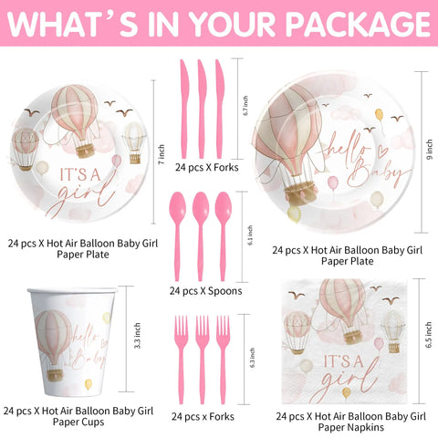 Pink Hot Air Balloon Baby Shower Tableware Set Disposable For Girly Baby Shower Decor Includes Plates Cups Napkins And Cutlery Serves 24