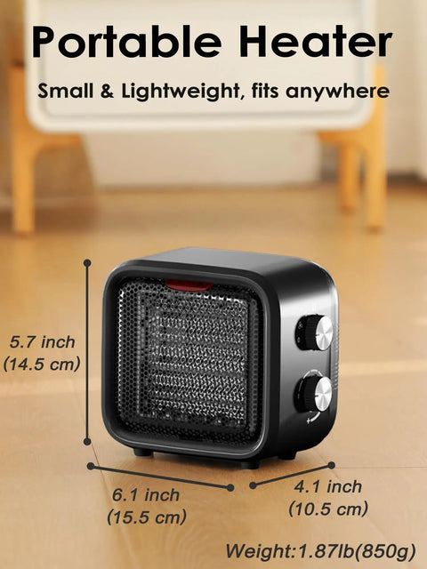 Dope Portable 1500W Desk Space Heater With PTC Ceramic Heating, black heater with dials, small lightweight design, 5.7x6.1x4.1 in