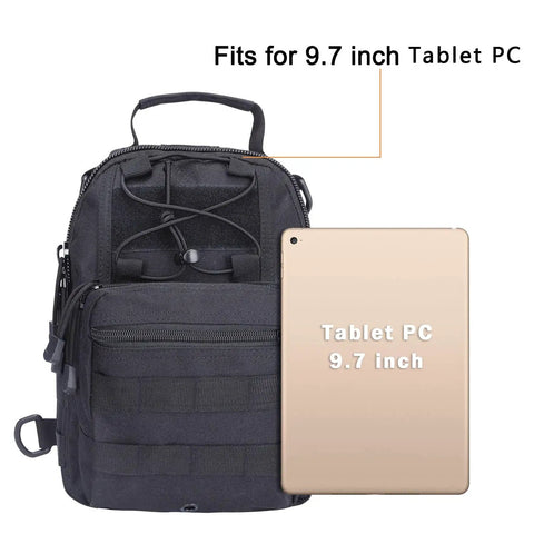 Outdoor Tactical Bag Backpack For Everyday Carry Lightweight Military Style Pack With Multiple Pockets shown with a 9.7 inch tablet