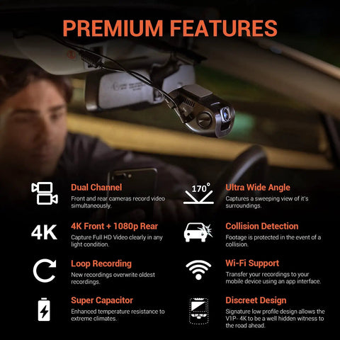 Image of Dual Channel Dash Cam With Front 4K And Rear 1080p Recording Wi Fi 2.4 Inch LCD 170 Degree Wide Angle Rear Camera Supercapacitor Power G Sensor WDR Loop Recording And Mobile App displaying premium features on a car windshield.