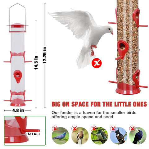 2 Pack Outdoor Bird Feeders With 6 Feeding Ports displayed with dimensions and bird examples, highlighting squirrel deterrent