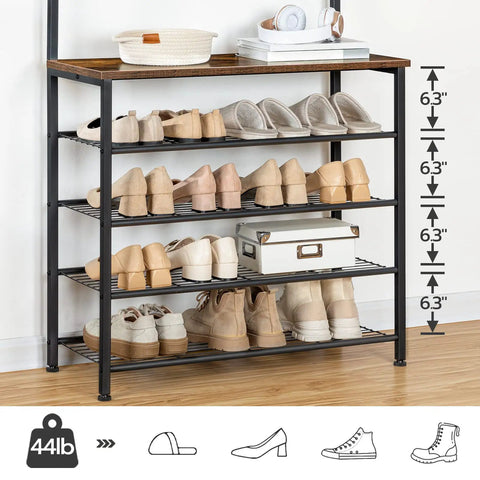 Coat Rack With Bench And Five Tier Shoe Storage Organizer With Nine Hooks For Entryway Or Mudroom Sturdy Industrial Rustic Brown And Black Hall Tree No Brainer For Busy Homes showing shoe storage tiers.