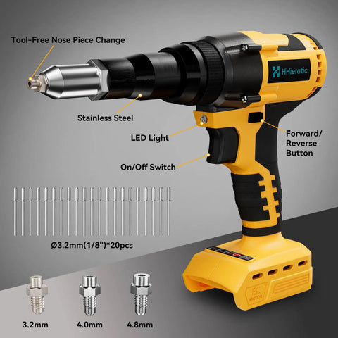 Cordless Rivet Nut Tool Kit 20V Battery Compatible Tool Only with Brushless Motor and Ergonomic Grip, Pop Rivet Gun Set