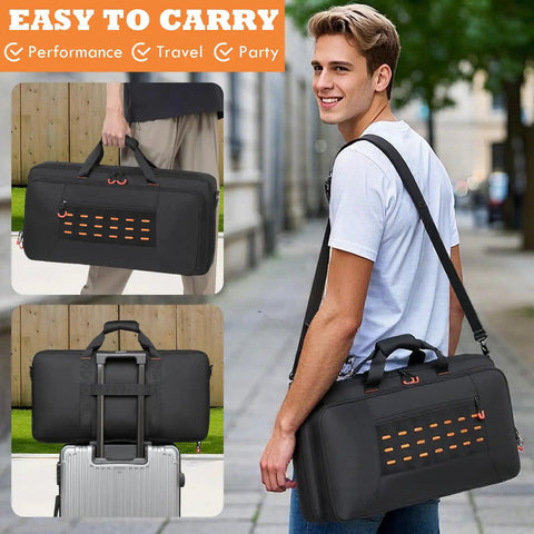 Man carrying the Carrying Bag For Boss Guitar Multi-Effects Pedals like ME-80 ME-90 GT-1000 GX-100, showcasing portability.