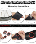 16 In 1 Bike Repair Kit With 3 Tire Levers 5 Tire Patches showing repair process on bicycle tire with patch application instructions.