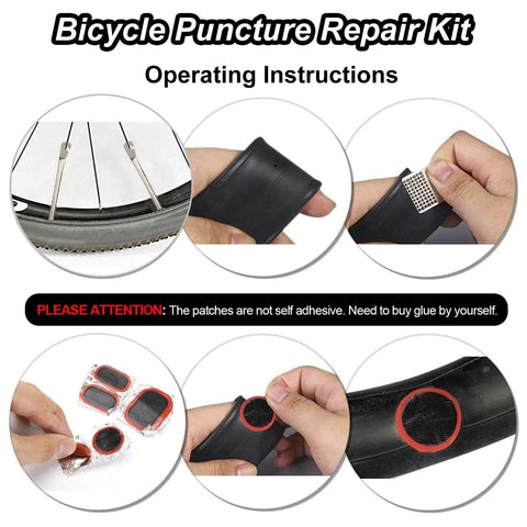 16 In 1 Bike Repair Kit With 3 Tire Levers 5 Tire Patches showing repair process on bicycle tire with patch application instructions.