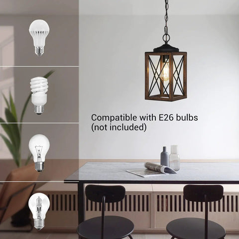 Cozy Farmhouse Pendant Light Metal Hanging Light Fixture With Wooden Grain Finish 63 Inch Adjustable Chain for dining room