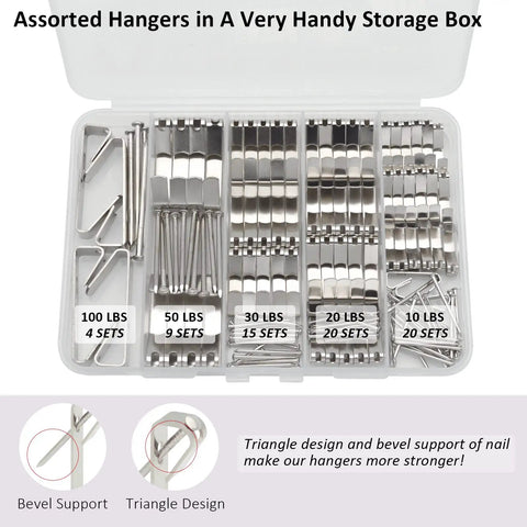 136 Pcs Picture Hangers Kit With 5 Size Hooks 10Lb 20Lb 30Lb 50Lb 100Lb Nails And Handy Storage Case For Drywall And Wooden Walls