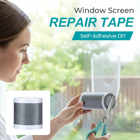Woman using Easy Patch Screen Repair Tape Self Adhesive Mesh Patch For Tiny Holes Heavy Duty Window Screen Repair Quick Fix
