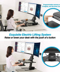 Avlt Electric Standing Desk Converter Fits Triple 32 Inch Monitors with programmable heights, dual tier for ergonomic use.