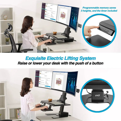 Avlt Electric Standing Desk Converter Fits Triple 32 Inch Monitors with programmable heights, dual tier for ergonomic use.