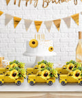Sunny Sunflower Table Decor With Metal Truck Farmhouse Mini Pickup Realistic Yellow Flowers For Tiered Tray Kitchen And Living Room Decor Bright Summer Vibe Home Accent in set of six on a tabletop with birthday setup.