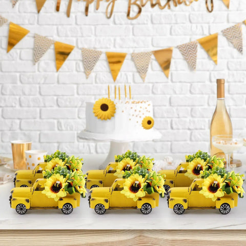 Sunny Sunflower Table Decor With Metal Truck Farmhouse Mini Pickup Realistic Yellow Flowers For Tiered Tray Kitchen And Living Room Decor Bright Summer Vibe Home Accent in set of six on a tabletop with birthday setup.