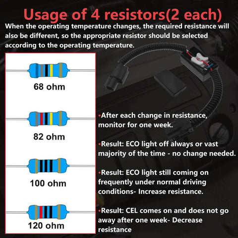 Image detailing usage of 4 resistors for Smooth Ride Vcm Shutoff Harness Adapter For Honda 3.5 Liter V6 Engines.