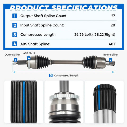 Beefy Front CV Axle Shaft Set For Hyundai Sonata 2011 2012 2013 2014 2.4L L4 GLS Automatic Transmission specifications diagram