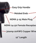 Nema 14-50 To 5-15P EV Charger Adapter Cord with molded ends and easy grip, 12 inch length, 30amp copper wire.