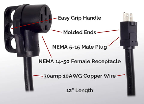 Nema 14-50 To 5-15P EV Charger Adapter Cord with molded ends and easy grip, 12 inch length, 30amp copper wire.