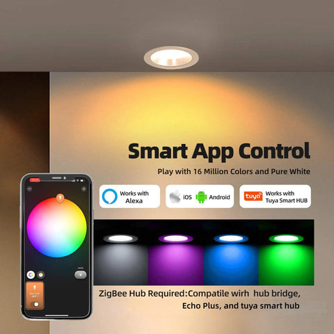ZigBee 3.0 Smart Retrofit Recessed Lighting 5", RGBWW LED Downlight 3 Pack with smartphone app control and color options.