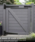 2 Piece Heavy Duty T Strap Hinge And Slide Smooth Barn Door Hardware Kit With Wide Sliding Latch For Courtyard Gates And Fences Matte Black Finish featured on a gray gate with flowers.