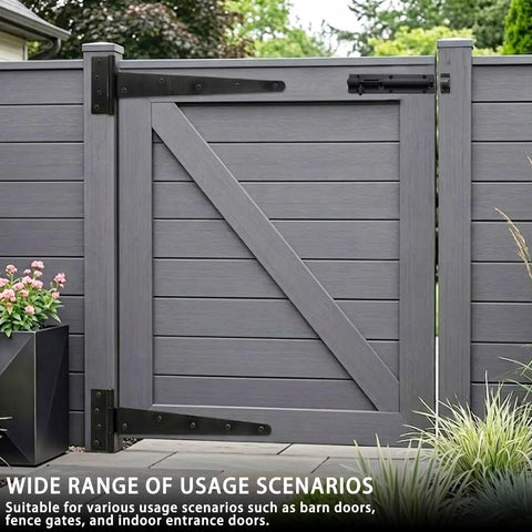2 Piece Heavy Duty T Strap Hinge And Slide Smooth Barn Door Hardware Kit With Wide Sliding Latch For Courtyard Gates And Fences Matte Black Finish featured on a gray gate with flowers.