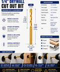 Heavy Hitter Titanium Nitride Coated Hss Rotary Tool Bits For Drywall Sheetrock And Plywood With Precision Sabre Tip For No Mess Outlet Box Trimming And Ceiling Tile Projects Rock Solid 100 Piece Set 1/4" drywall cut out bit specifications and uses information.