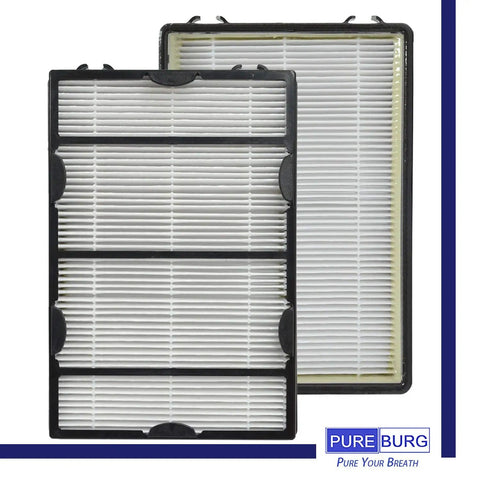 Two-pack replacement filter set for Holmes and GE air purifiers with H13 True HEPA and carbon pre filters in black frames.