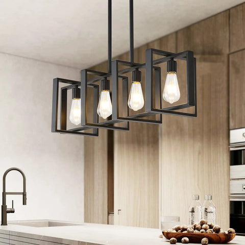 Dope Farmhouse Rectangle Chandelier For Dining Rooms And Kitchen Islands, 31.5 Inch Modern Linear Hanging Light Fixture In Matte Black