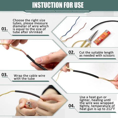 Instruction guide showing how to use Six Roll Heavy Duty Heat Shrink Tubing Kit For Quarter Three Eighths And Half Inch Sizes