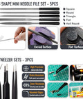 5-piece mini needle file set for deburring with square, round, triangle, flat and half-round files; includes a 3-piece tweezer set.