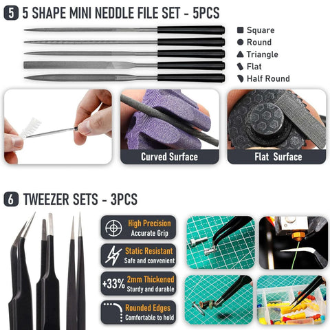 5-piece mini needle file set for deburring with square, round, triangle, flat and half-round files; includes a 3-piece tweezer set.