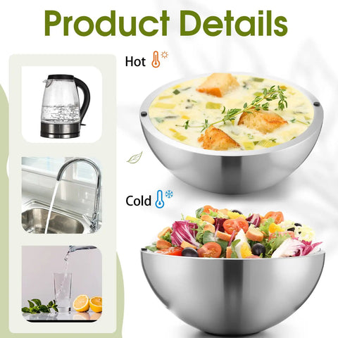 Party Ready Stainless Steel Double Wall Dip Chiller Bowl 70 Oz Water Cooled Serving Dish with hot soup and cold salad.
