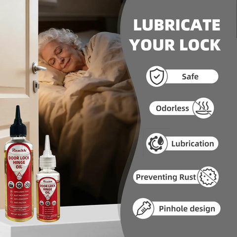 Door Hinge Lubricant 1 Oz No More Squeaks Squeaky Fix Lube on table with woman sleeping, shows safe and odorless features.
