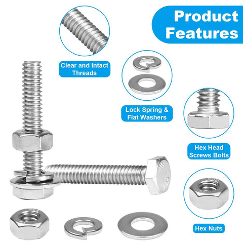 Beefy 20 Sets Heavy Duty Stainless Steel 1/4-20 X 2 Hex Head Screws Bolts Set with Nuts Flat Washers Spring Lock Washers display