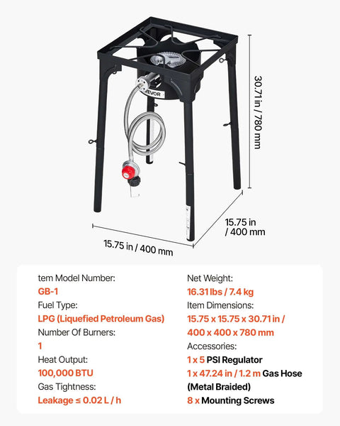 Single Burner Outdoor Propane Gas Stove 100,000 BTU LPG Camping Cooker with tall stand and PSI regulator, carbon steel