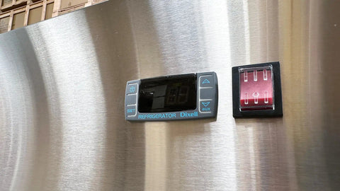 Digital temperature control display on Heavy Duty Commercial Reach In Upright Refrigerator With Slick Stainless Finish.