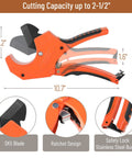 Ratcheting PVC Pipe Cutter For 2-1/2 Inch Tubing, Heavy Duty Orange Tool, shown with cutting capacity measurements and SK5 blade.