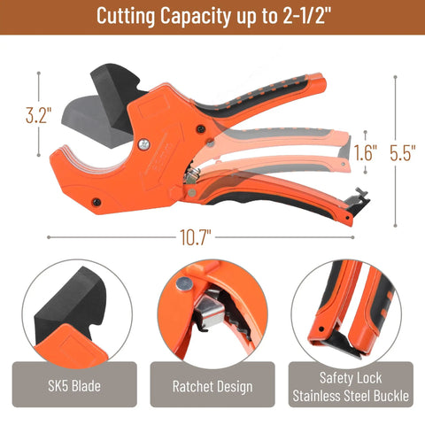 Ratcheting PVC Pipe Cutter For 2-1/2 Inch Tubing, Heavy Duty Orange Tool, shown with cutting capacity measurements and SK5 blade.