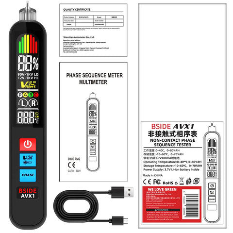 Handy Non Contact Voltage Tester With 3 Phase Rotation Indicator And Signal Percentage Display Rechargeable AC Electrical Detector Pen