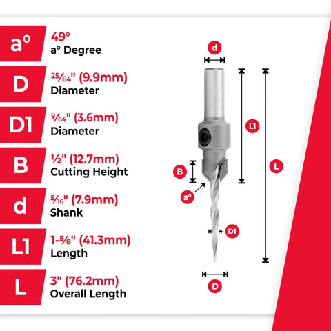 Heavy Duty Carbide Tipped Countersink Drill Bit With Killer 82 Degree Taper And 5/16 Inch Round Shank displayed with measurement labels.