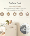 Three Tier Toy Storage Organizer With Nine Removable Bins For Kid Friendly Playroom, safety features shown, white frame