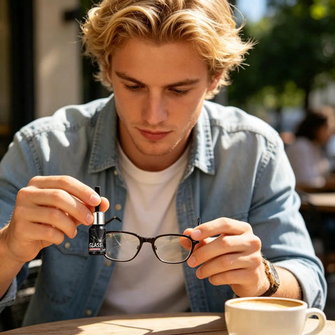 Man using Pro Grade Glass Repair Kit With Precision Applicator 10ml Clear Resin Restorer on glasses outdoors.