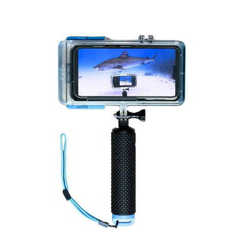 Dive 2.0 Waterproof iPhone Housing Delivers 130 Feet Depth Ultra Tough Underwater Case with phone and diving handle.