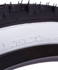 Close-up of 26 Inch White Wall Bicycle Tires For Beach Cruiser And Cruiser Bikes With Or Without Tubes 2 Pack Includes Tire Levers And Upgraded Replacement Parts For A Killer Ride, showing sidewall details and size markings.